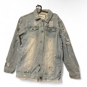Chic Light Blue Denim Jacket with Pearl Embellishments